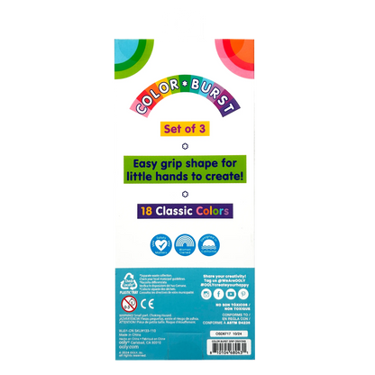 Back of packaging from set of OOLY Color Burst Crayons