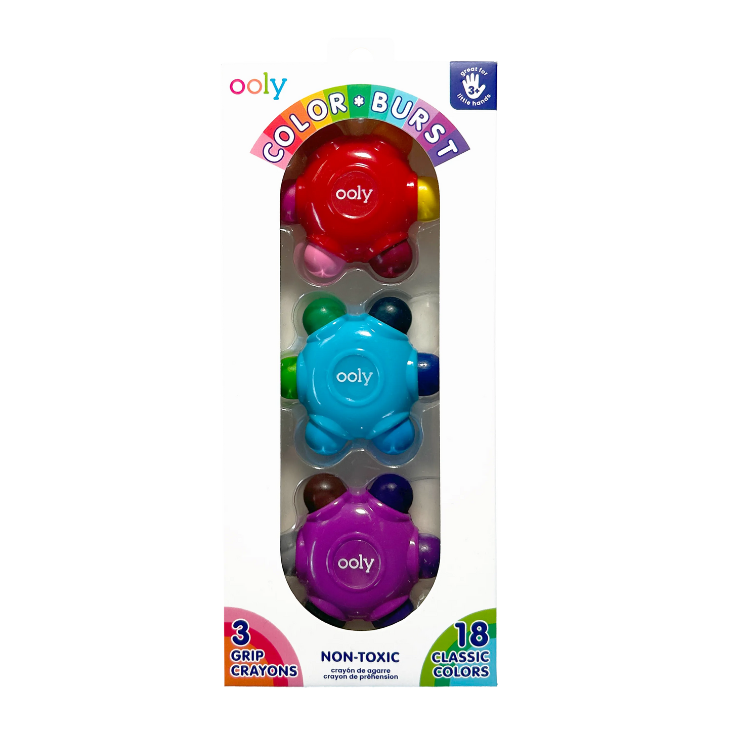 Front of packaging of set of OOLY Color Burst Crayons