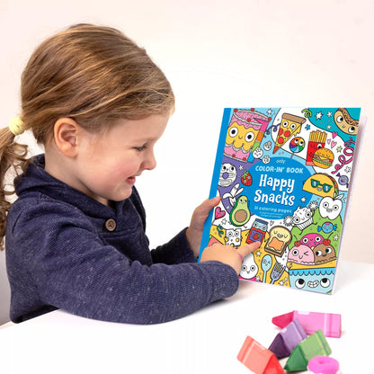 Girl pointing at OOLY Color-In Book Coloring Book Happy Snacks