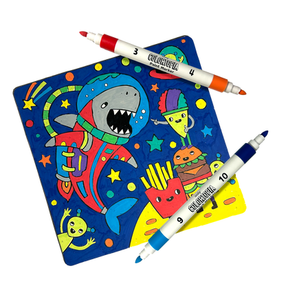 Finished paint card of shark and food characters with paint markers from OOLY Colortopia Color By Number Paint Marker Kit - Epic Adventures