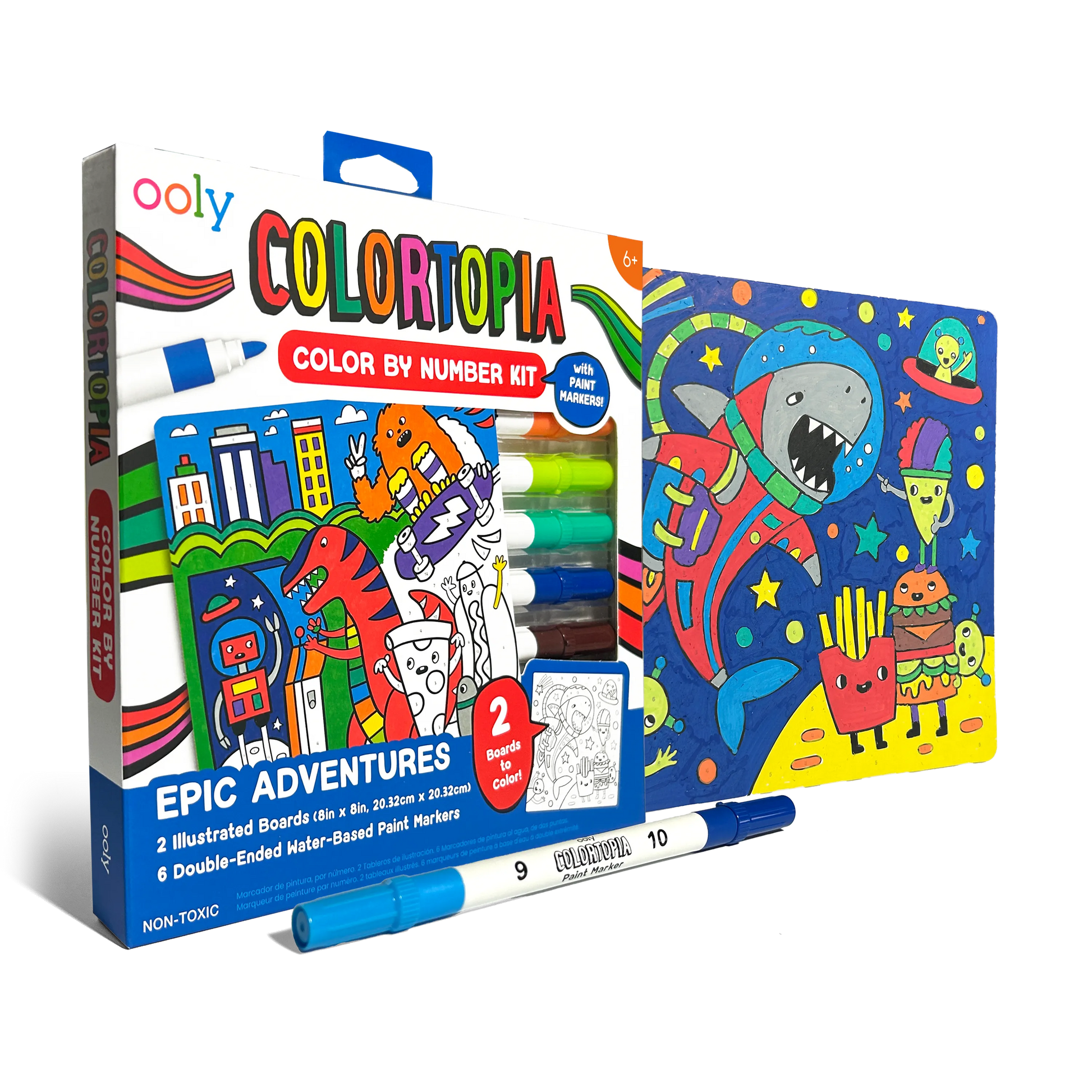 Quarter angle of packaging and paint card from OOLY Colortopia Color By Number Paint Marker Kit - Epic Adventures