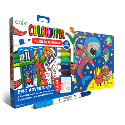Quarter angle of packaging and paint card from OOLY Colortopia Color By Number Paint Marker Kit - Epic Adventures