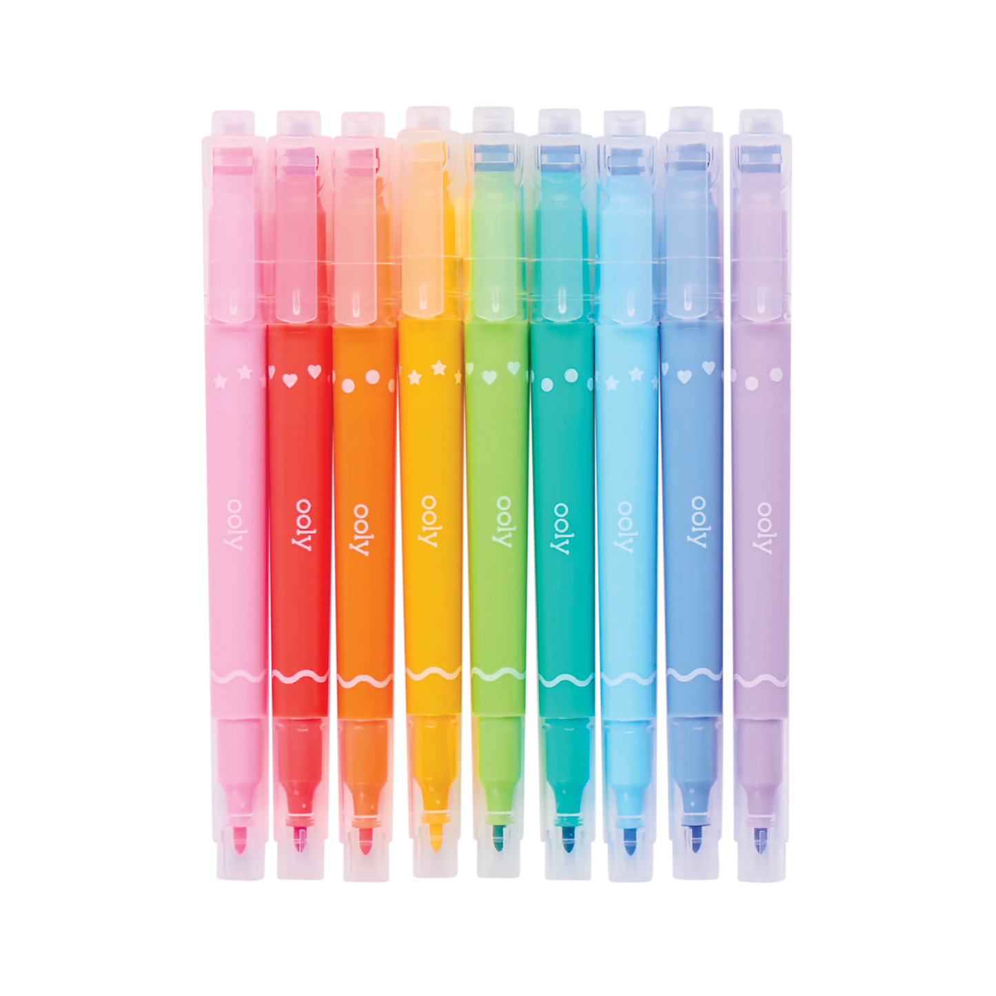 Row of capped OOLY Confetti Stamp Double-Ended Markers