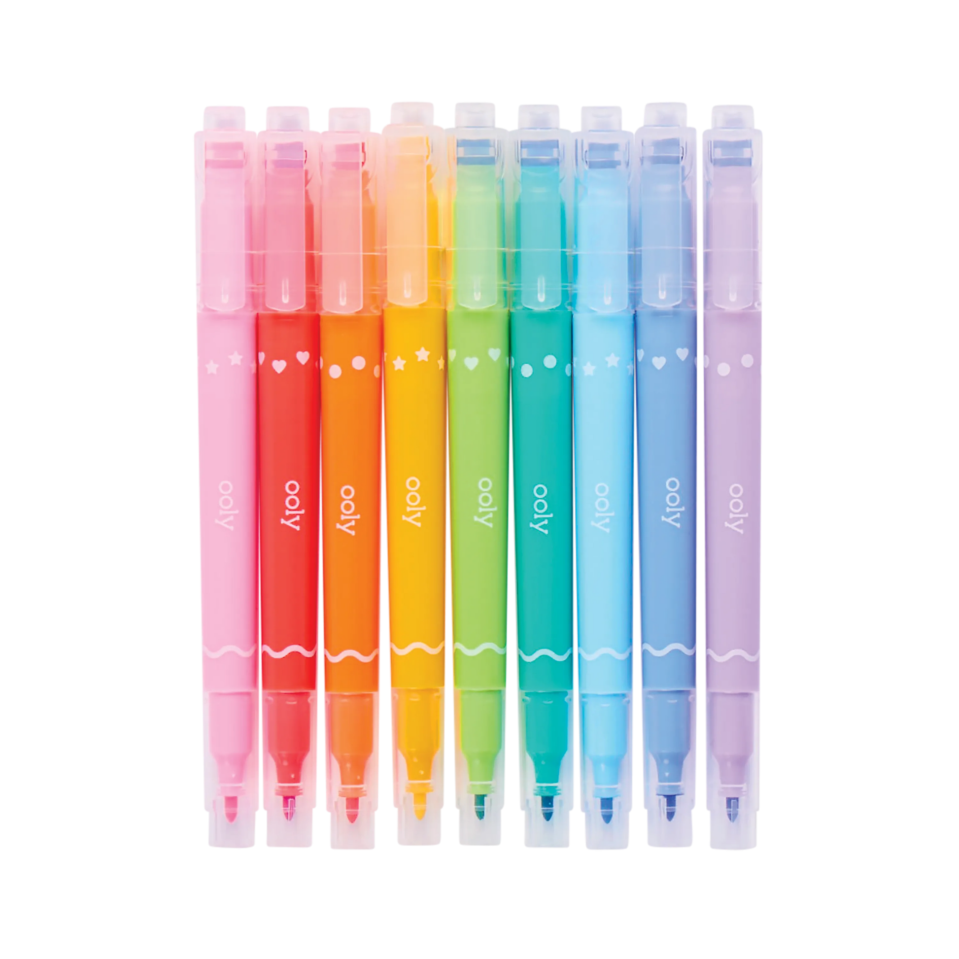Row of capped OOLY Confetti Stamp Double-Ended Markers