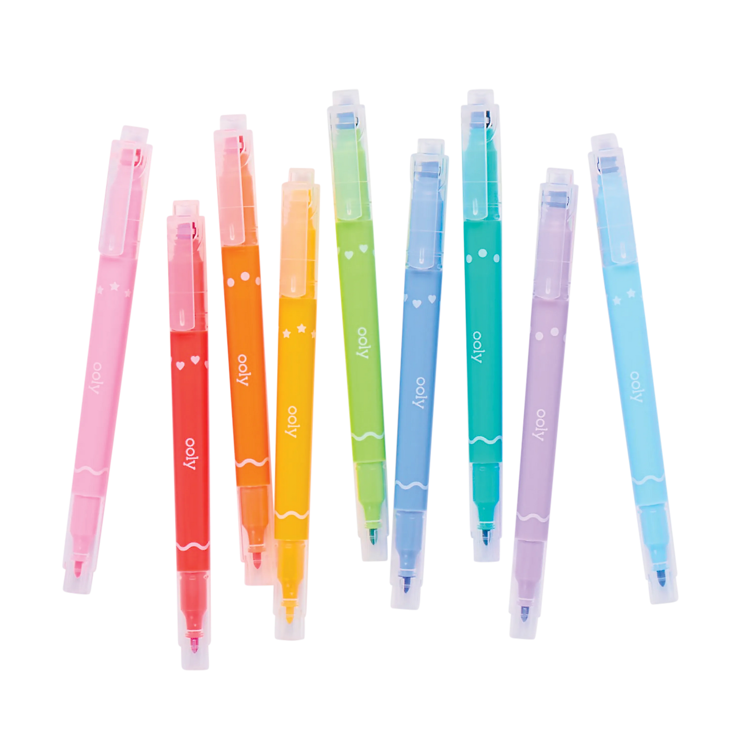 Scattered row of capped OOLY Confetti Stamp Double-Ended Markers