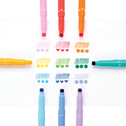 Colored swatches of scribbles and stamps from OOLY Confetti Stamp Double-Ended Markers
