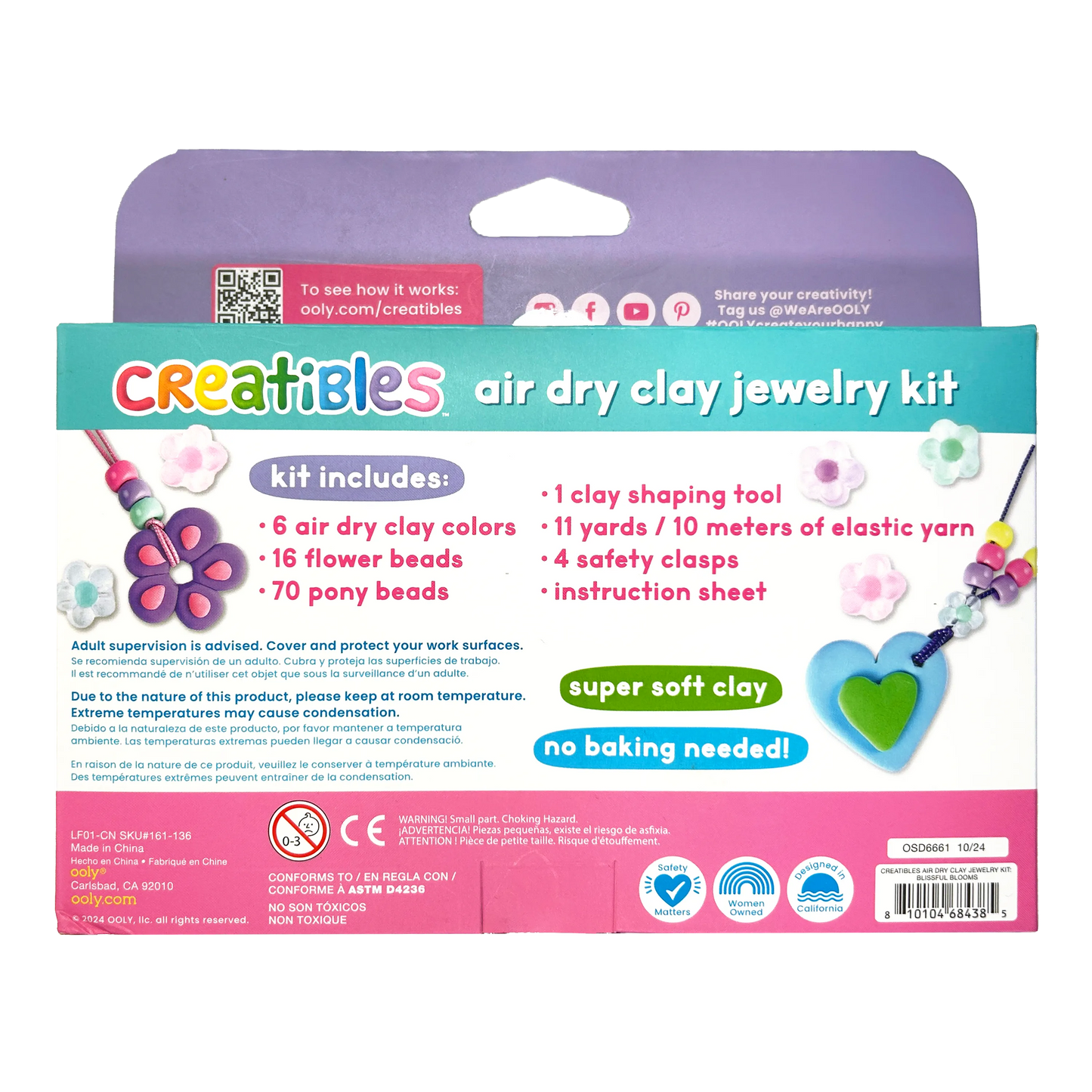 Back of packaging of OOLY Creatibles Air Dry Clay Jewelry Kit - Blissful Blooms 
