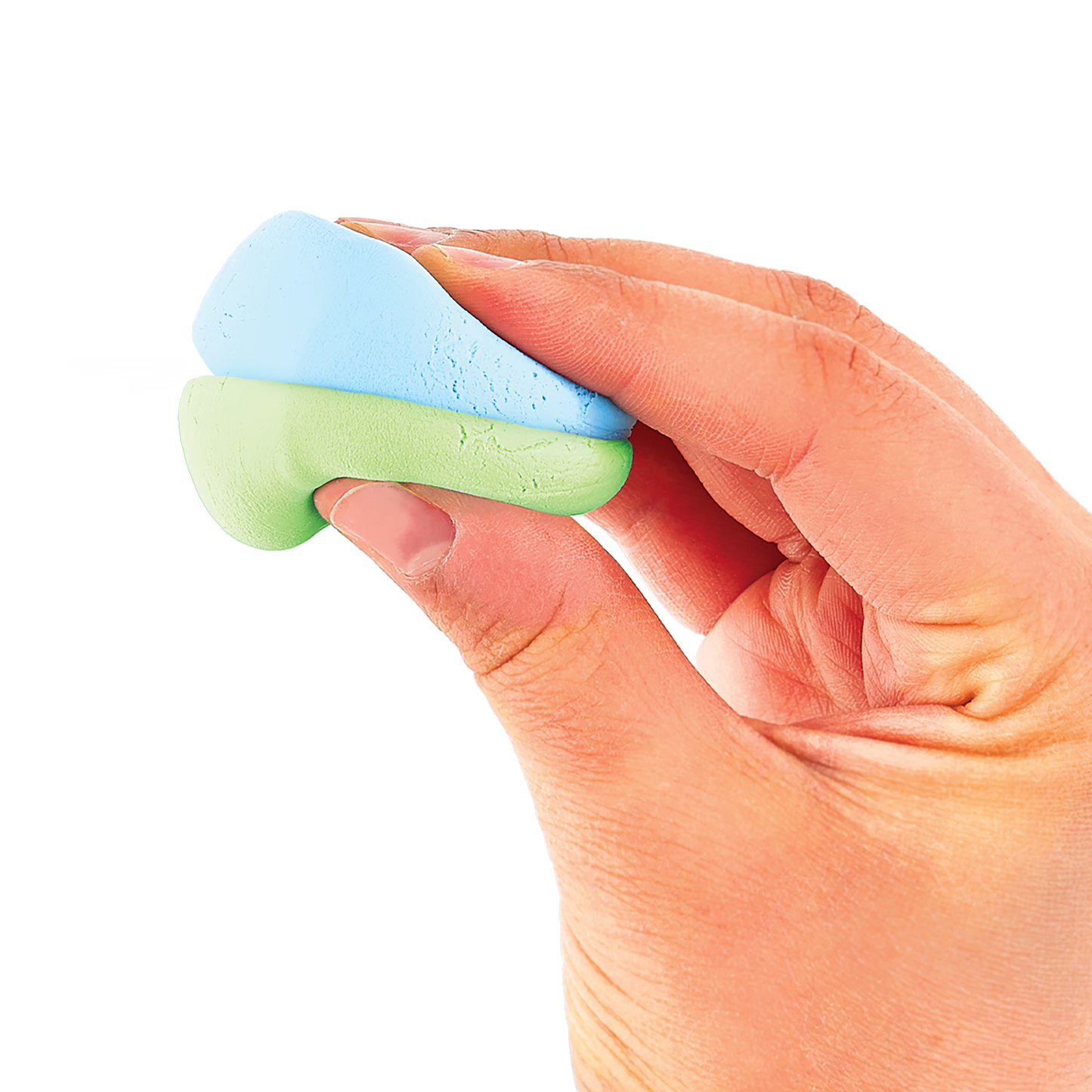 Hand holding light blue and green clay together from OOLY Creatibles Deluxe Air Dry Clay Kit