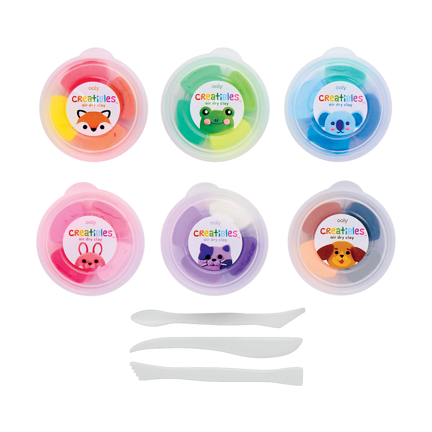 Contents of OOLY Creatibles Deluxe Air Dry Clay Kit including tubs of clay and styling tools