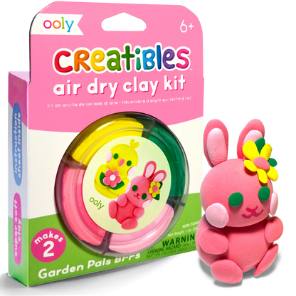 Quarter angle of packaging and clay bunny from Creatibles Mini Air Dry Clay Kit - Garden Pals BFFs