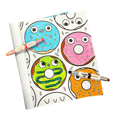 Coloring page with colored donuts colored with OOLY Double Up! Double-Ended Crayons