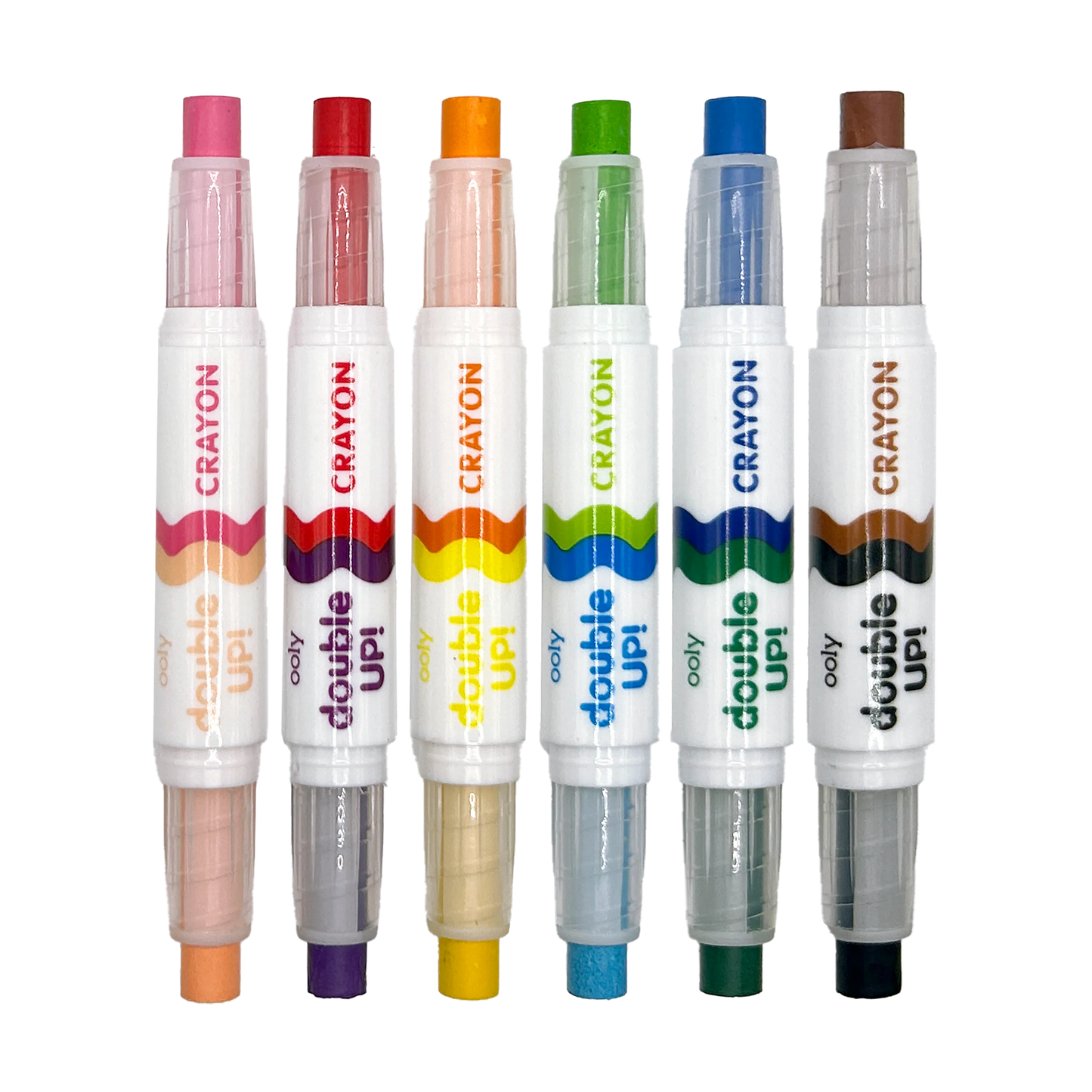 Row of uncapped OOLY Double Up! Double-Ended Crayons