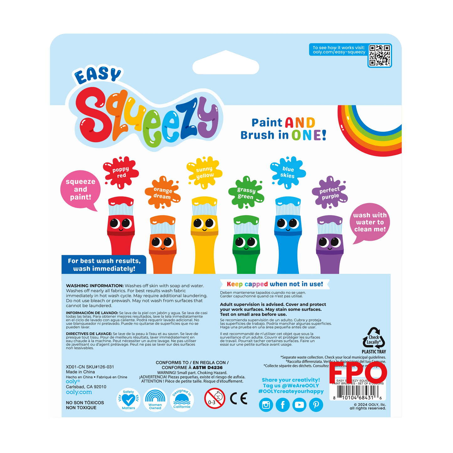 Back of packaging of OOLY Easy Squeezy Squeezable Poster Paint Brushes