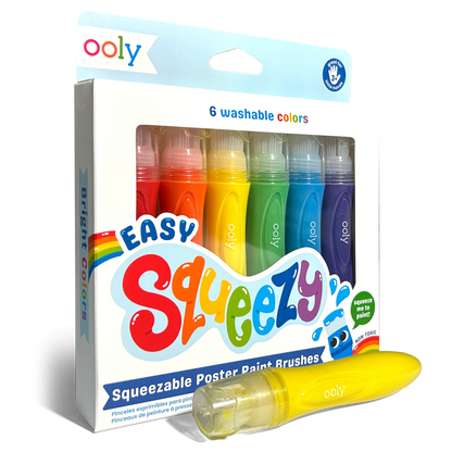 Quarter angle of packaging and paint brush of OOLY Easy Squeezy Squeezable Poster Paint Brushes