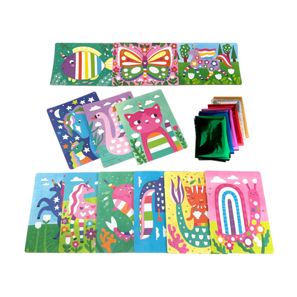Collection of all foil pages from OOLY Foil-tastic Foil Art & Coloring Set - Whimsical World