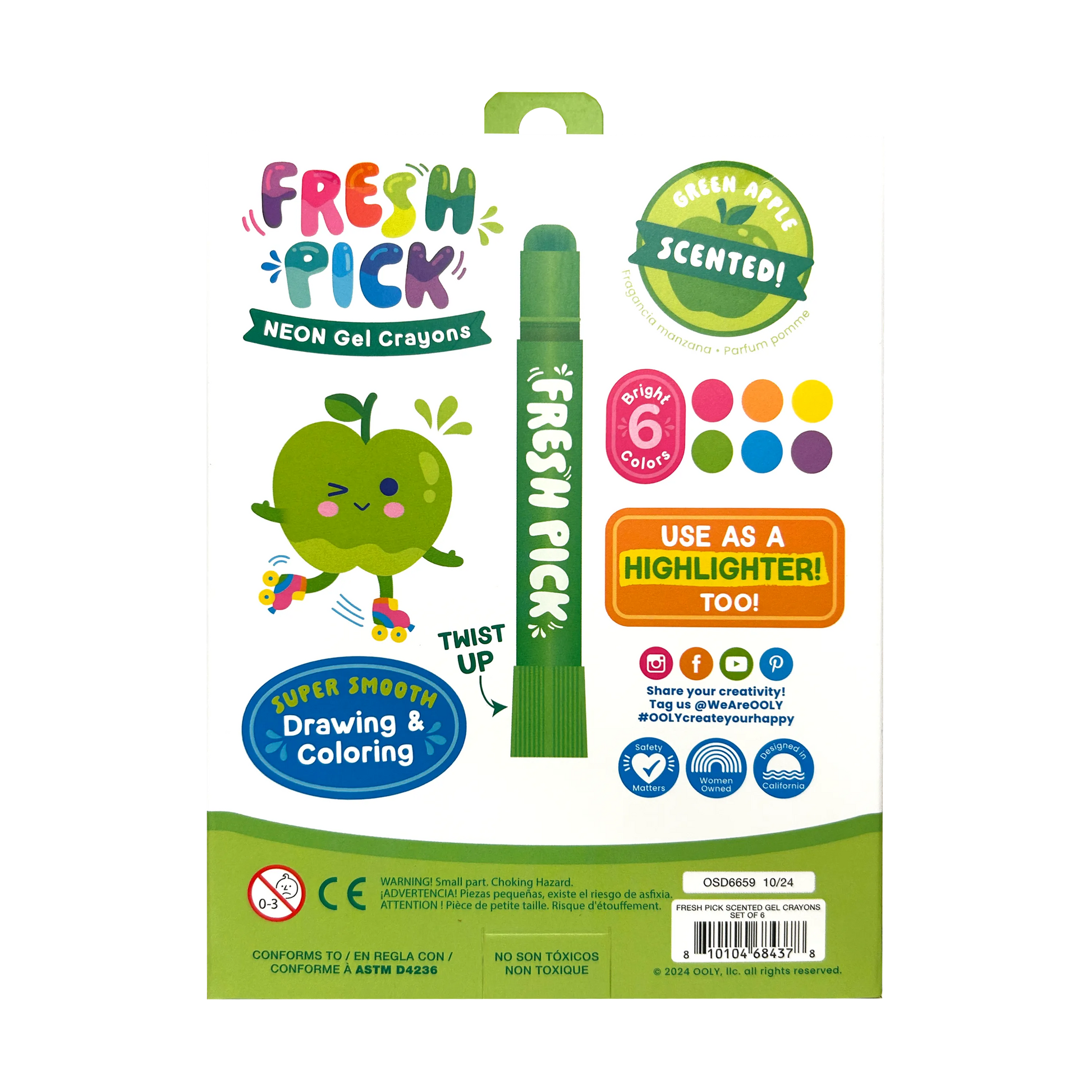 Back of packaging of OOLY Fresh Pick Apple Scented Gel Crayons