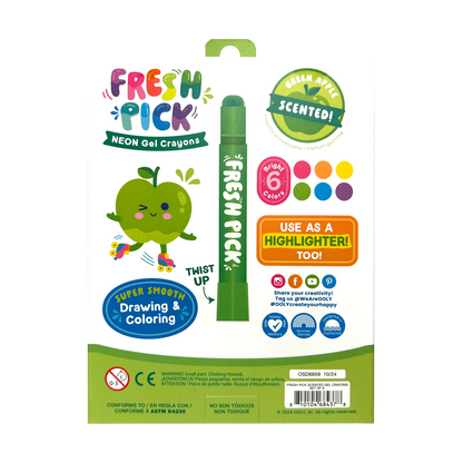 Back of packaging of OOLY Fresh Pick Apple Scented Gel Crayons
