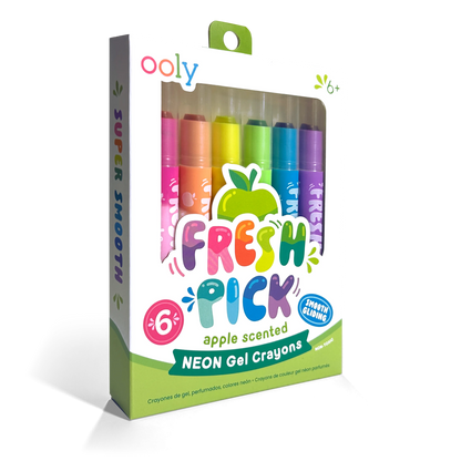 Quarter angle of packaging of OOLY Fresh Pick Apple Scented Gel Crayons