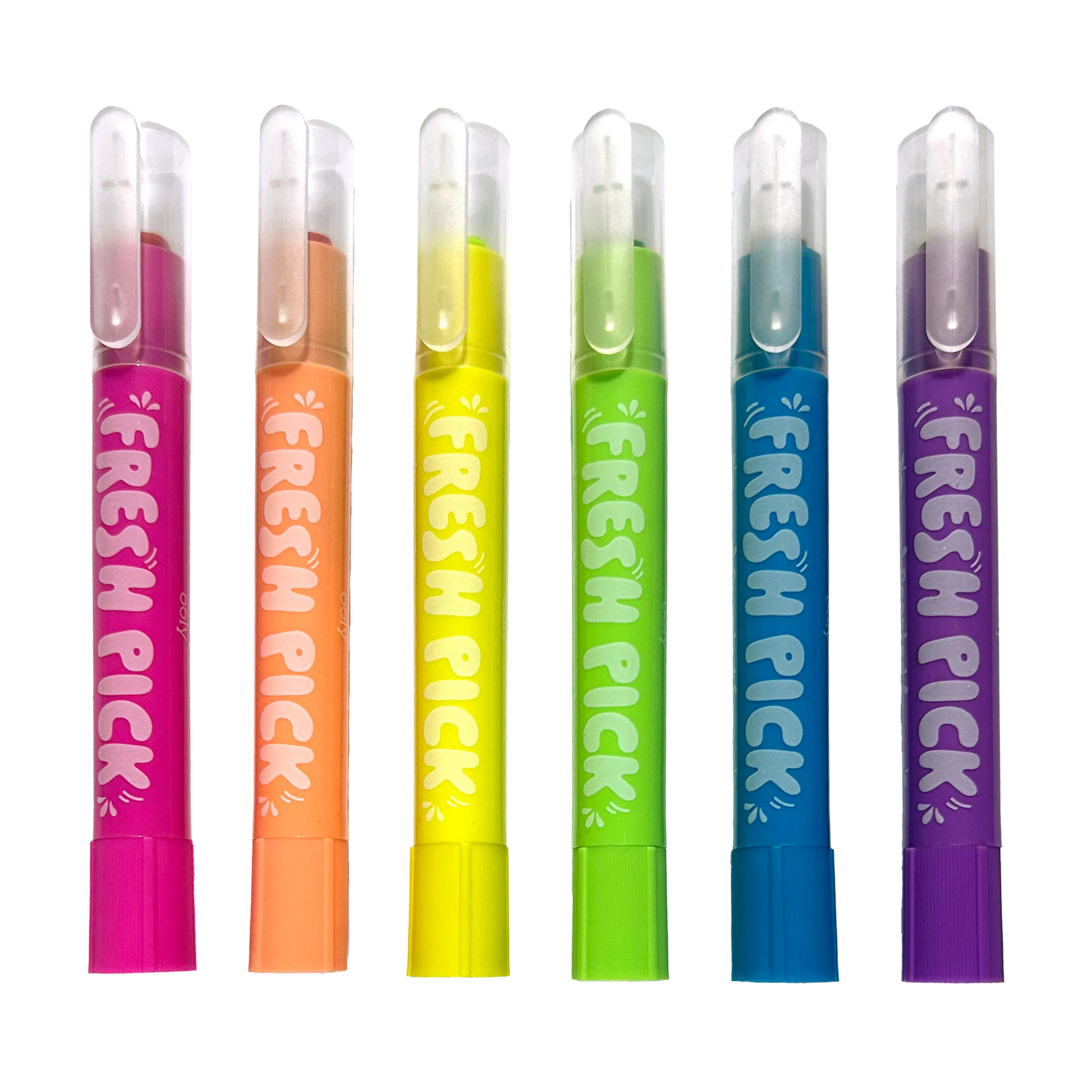 Row of capped crayons in rainbow order from the OOLY Fresh Pick Apple Scented Gel Crayons set