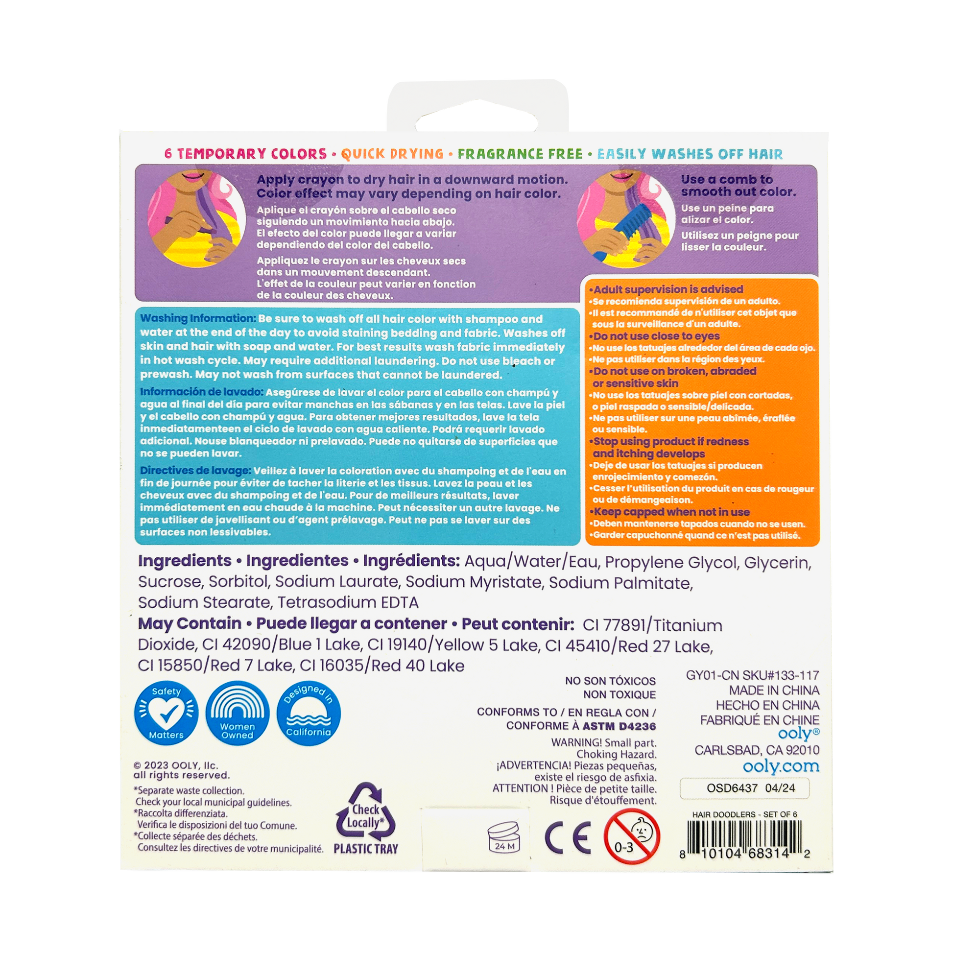 OOLY Hair Doodlers Hair Crayons - Set of 6 back of packaging