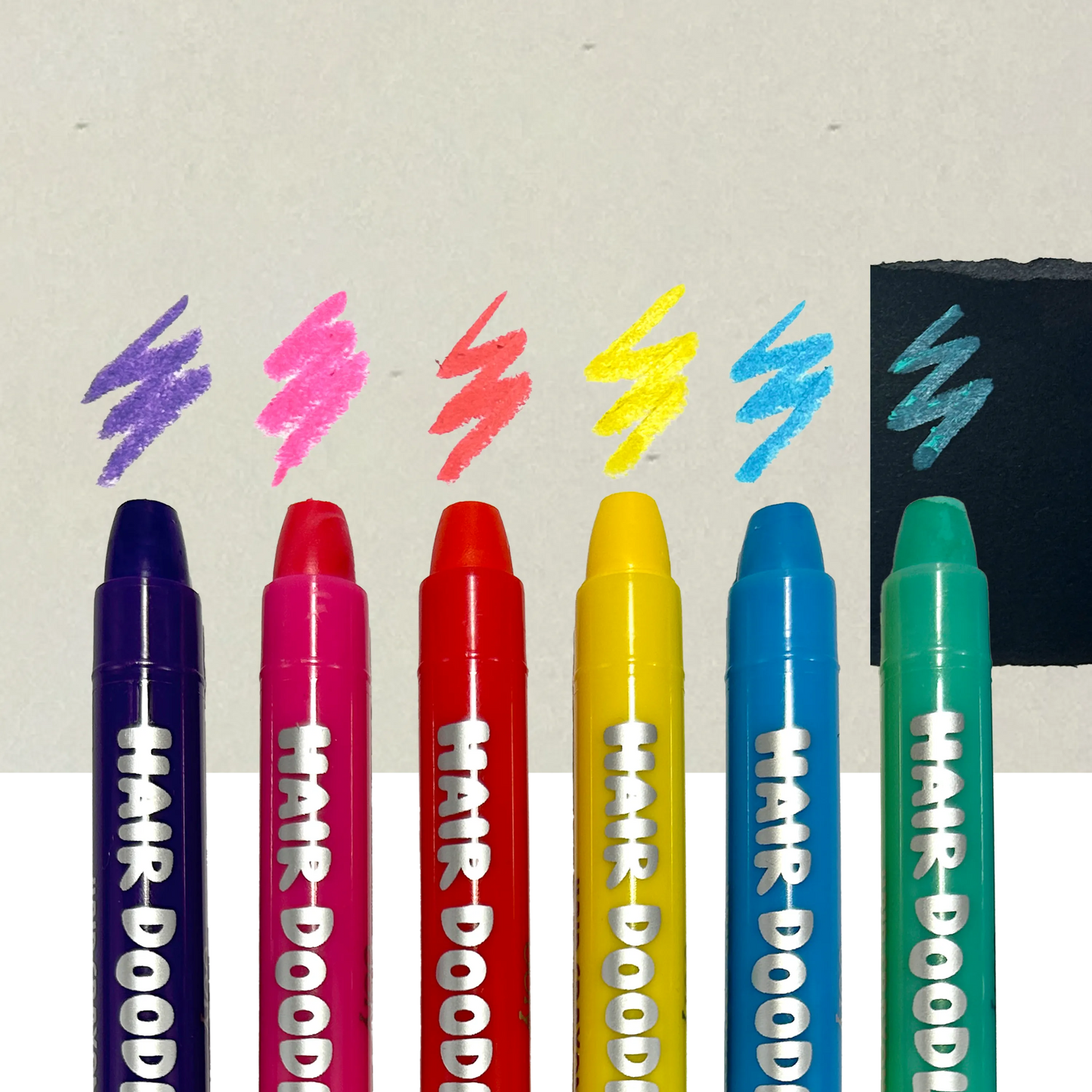 OOLY Hair Doodlers Hair Crayons - Set of 6 row of hair crayons with swatches