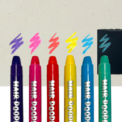 OOLY Hair Doodlers Hair Crayons - Set of 6 row of hair crayons with swatches