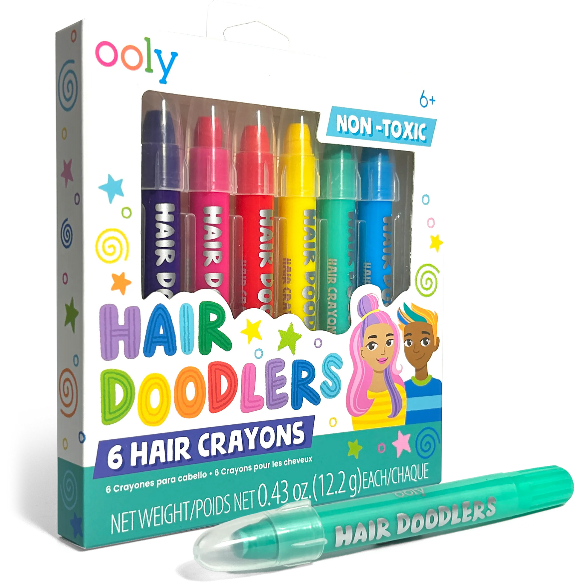 OOLY Hair Doodlers Hair Crayons - Set of 6 quarter angle of packaging