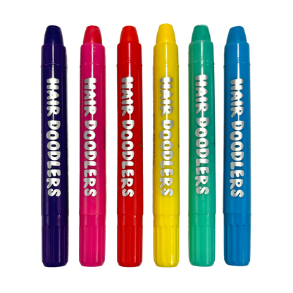 Row of 6 uncapped OOLY Hair Doodlers Hair Crayons