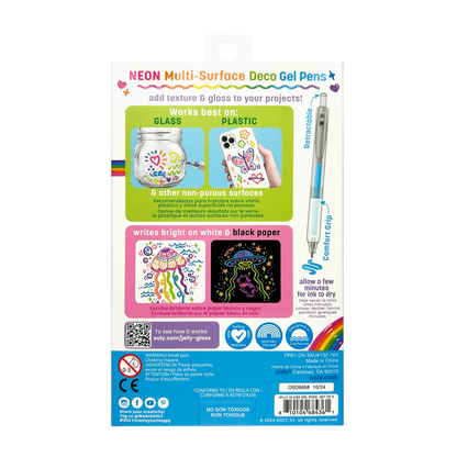 Back of packaging of set of OOLY Jelly Gloss Neon Multi-Surface Deco Gel Pens