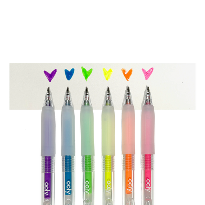 Row of OOLY Jelly Gloss Neon Multi-Surface Deco Gel Pens with colored heart swatches