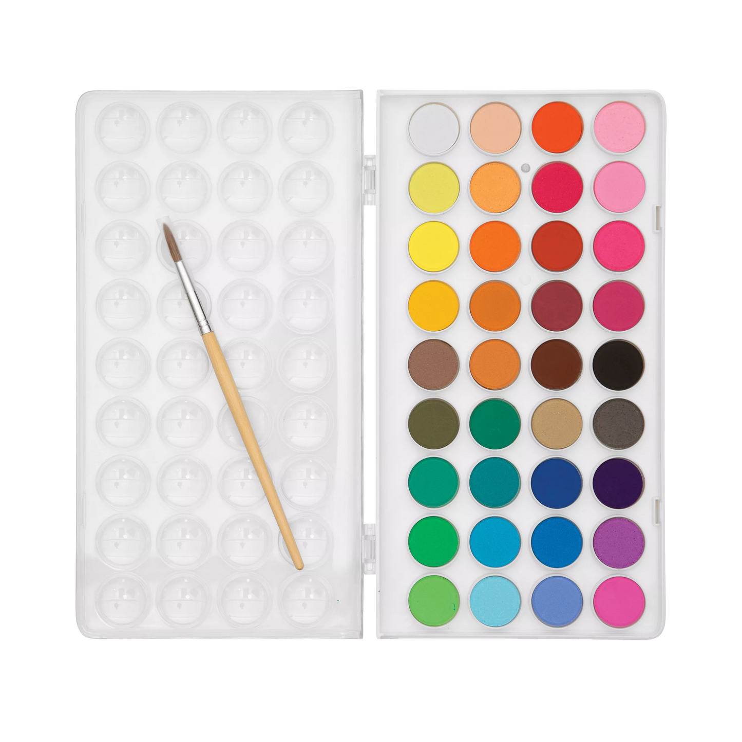 Opened set of OOLY Lil Watercolor Paint Pods with paint brush
