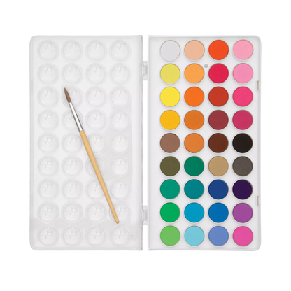 Opened set of OOLY Lil Watercolor Paint Pods with paint brush