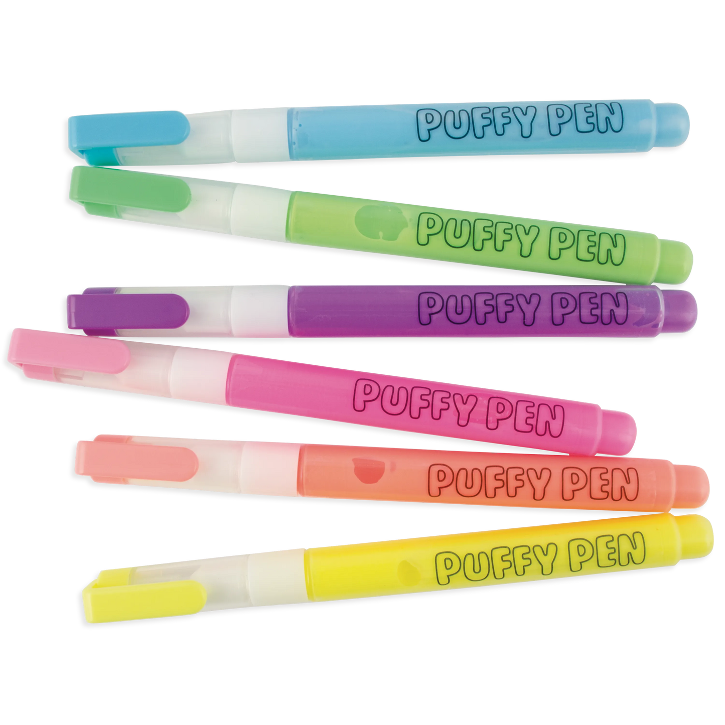 Collection of all 6 Couple coloring with OOLY Magic Puffy Neon Pens against white background
