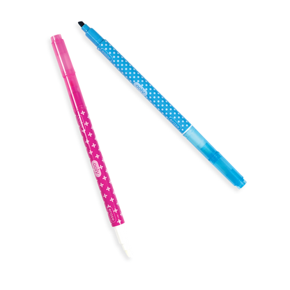 Two markers, blue and pink from an OOLY Make No Mistake Erasable Markers set