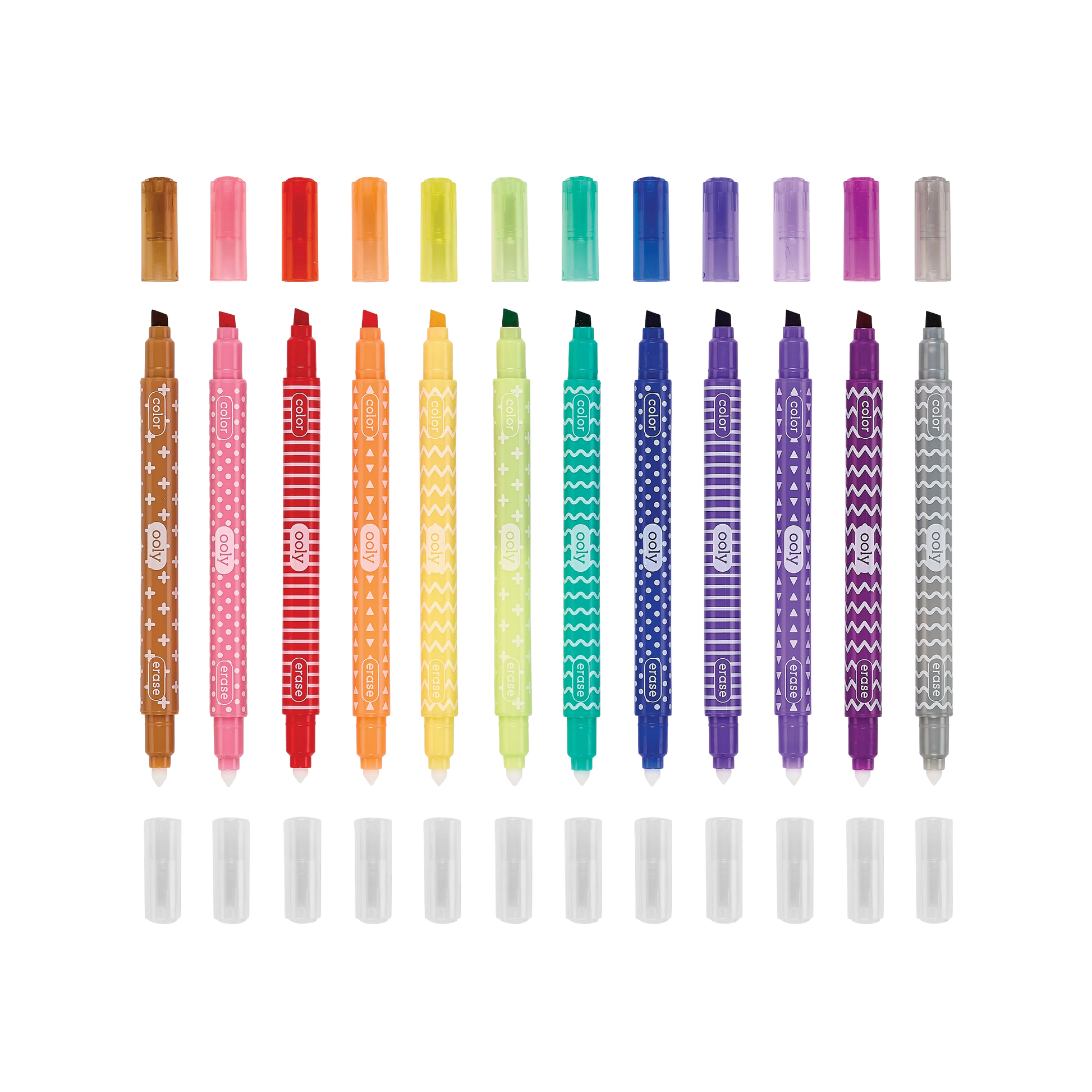 Row of markers uncapped from colored and eraser end from a set of OOLY Make No Mistake! Erasable Markers