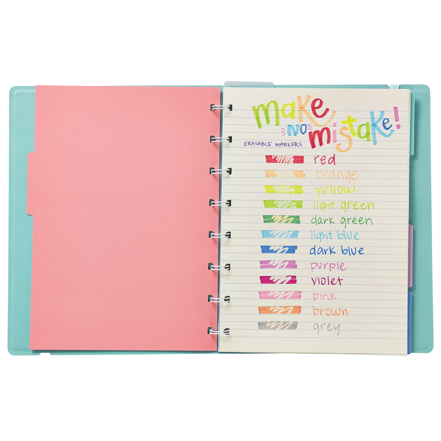 Open planner with page reading "Make No Mistake" and color swatches from the OOLY Make No Mistake Erasable Markers