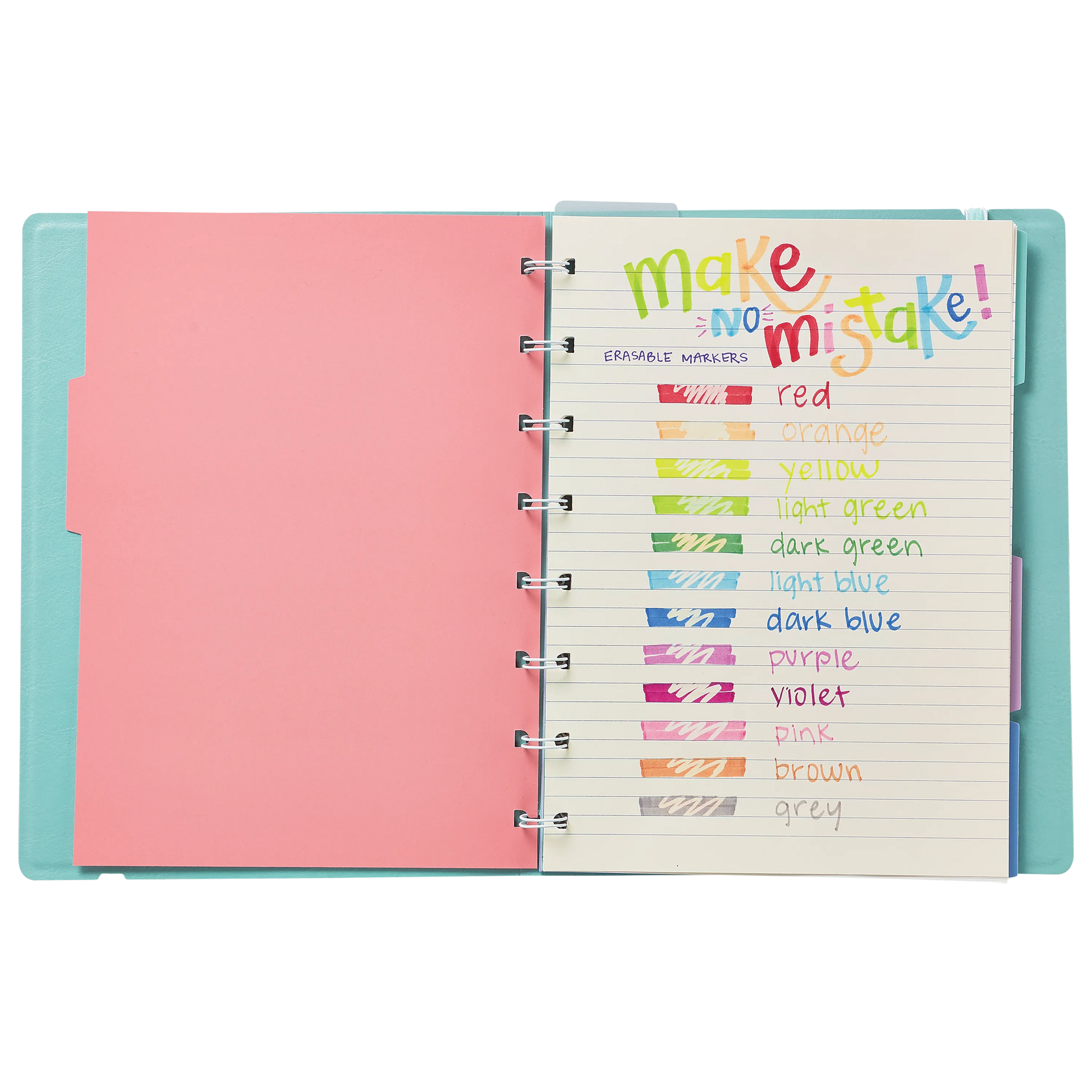 Open planner with page reading "Make No Mistake" and color swatches from the OOLY Make No Mistake Erasable Markers