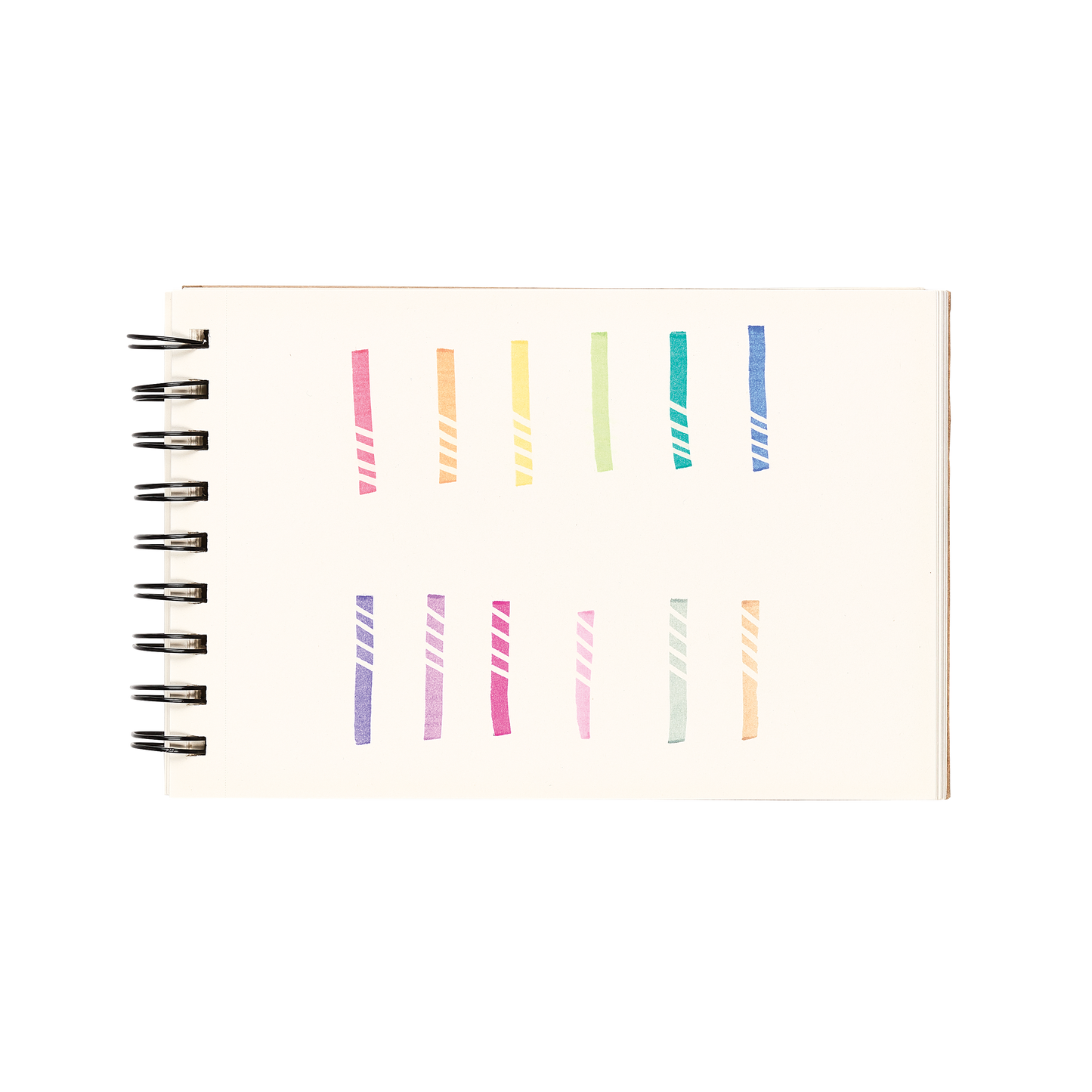 White sketchbook with 12 color swatches and eraser lines from the OOLY Make No Mistake Erasable Markers