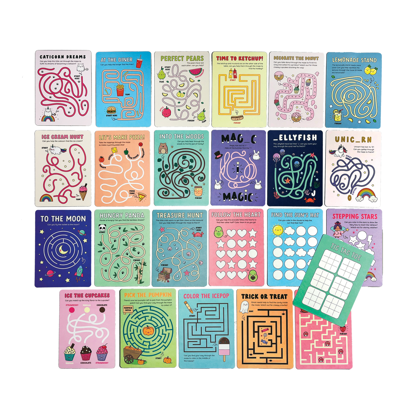 Layout of all activity cards from OOLY Mini Mazes Activity Cards