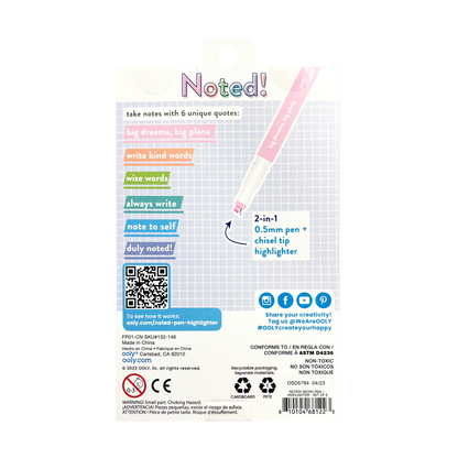 Back of packaging of OOLY Noted! 2-in-1 Micro Fine Tip Pen and Highlighters