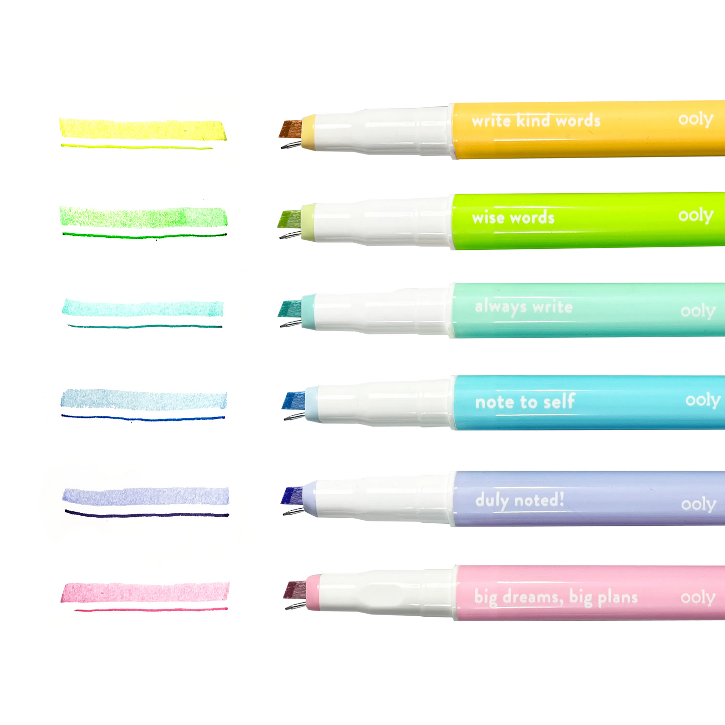 Row of uncapped OOLY Noted! 2-in-1 Micro Fine Tip Pen and Highlighters with pen and highlighter swatches