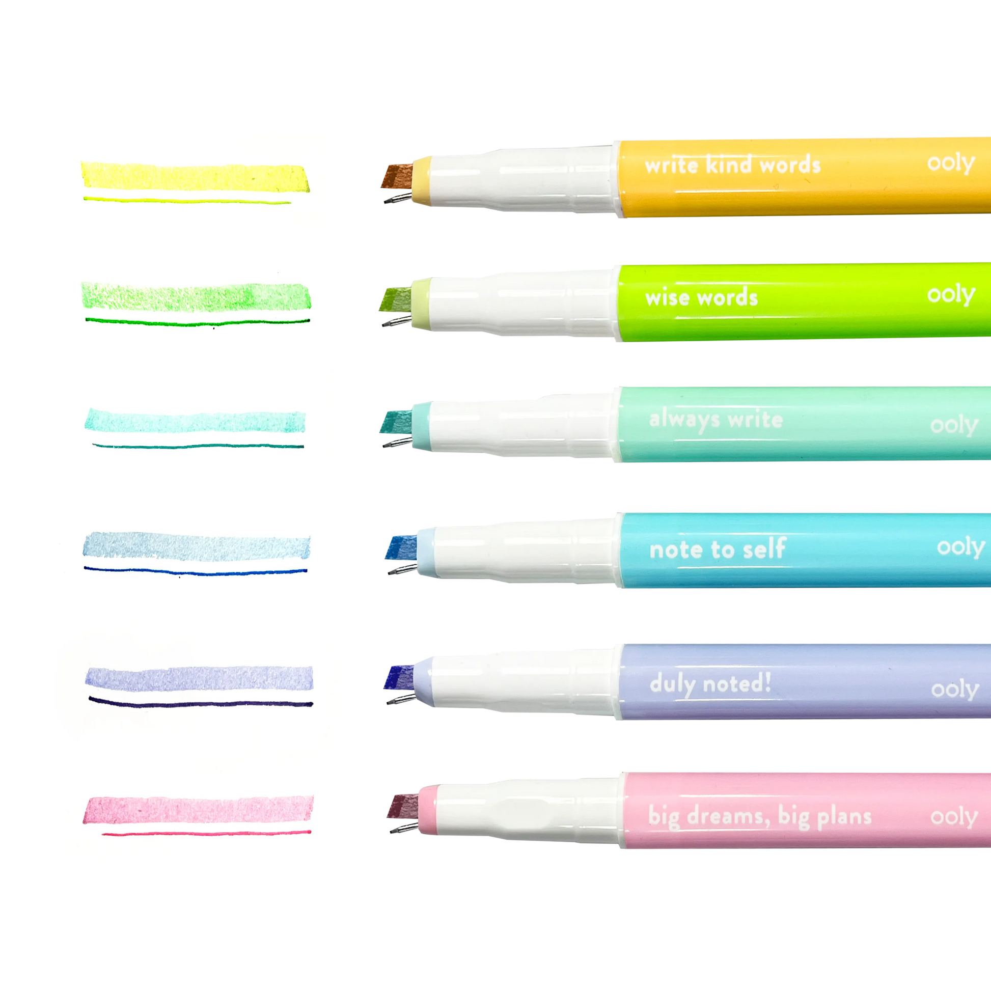 Row of uncapped OOLY Noted! 2-in-1 Micro Fine Tip Pen and Highlighters with pen and highlighter swatches