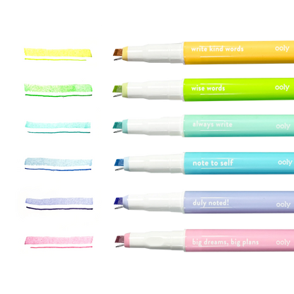 Row of uncapped OOLY Noted! 2-in-1 Micro Fine Tip Pen and Highlighters with pen and highlighter swatches