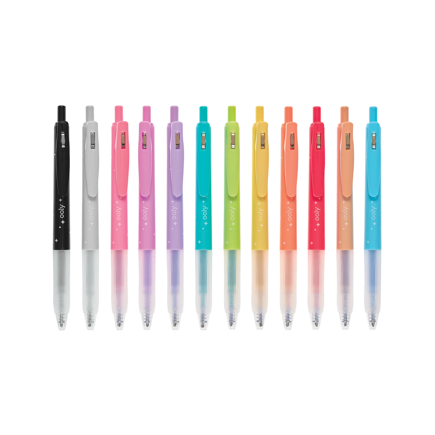 Row of all 12 OOLY Oh My Glitter! Retractable Gel Pens