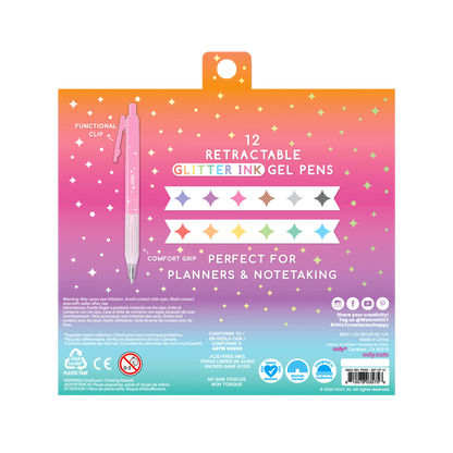 Back of packaging of OOLY Oh My Glitter! Retractable Gel Pens