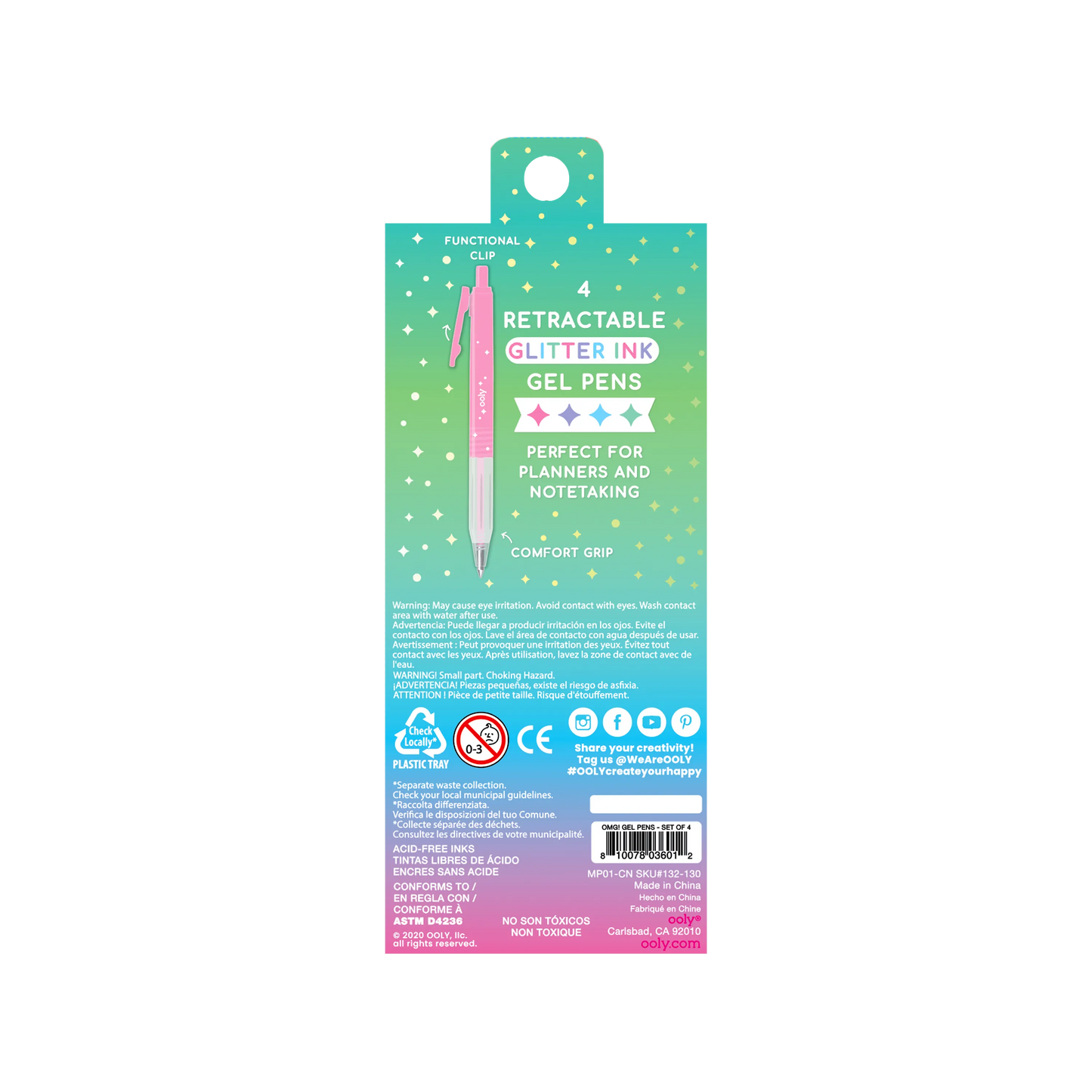 Back of packaging of OOLY Oh My Glitter! Retractable Gel Pens