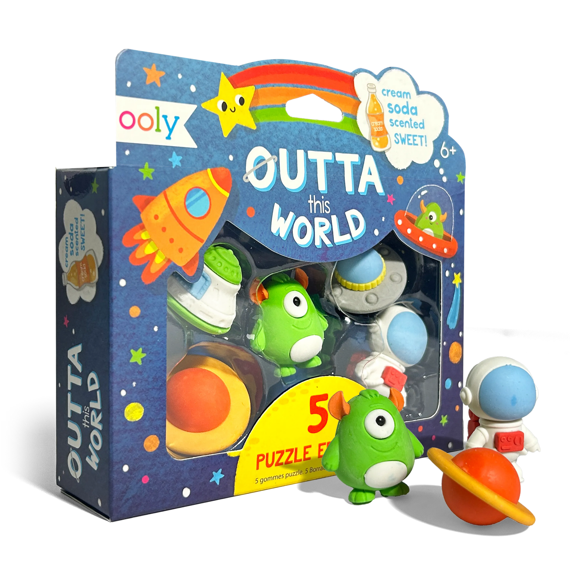 Quarter angle of packaging and erasers of OOLY Outta This World Scented Puzzle Erasers