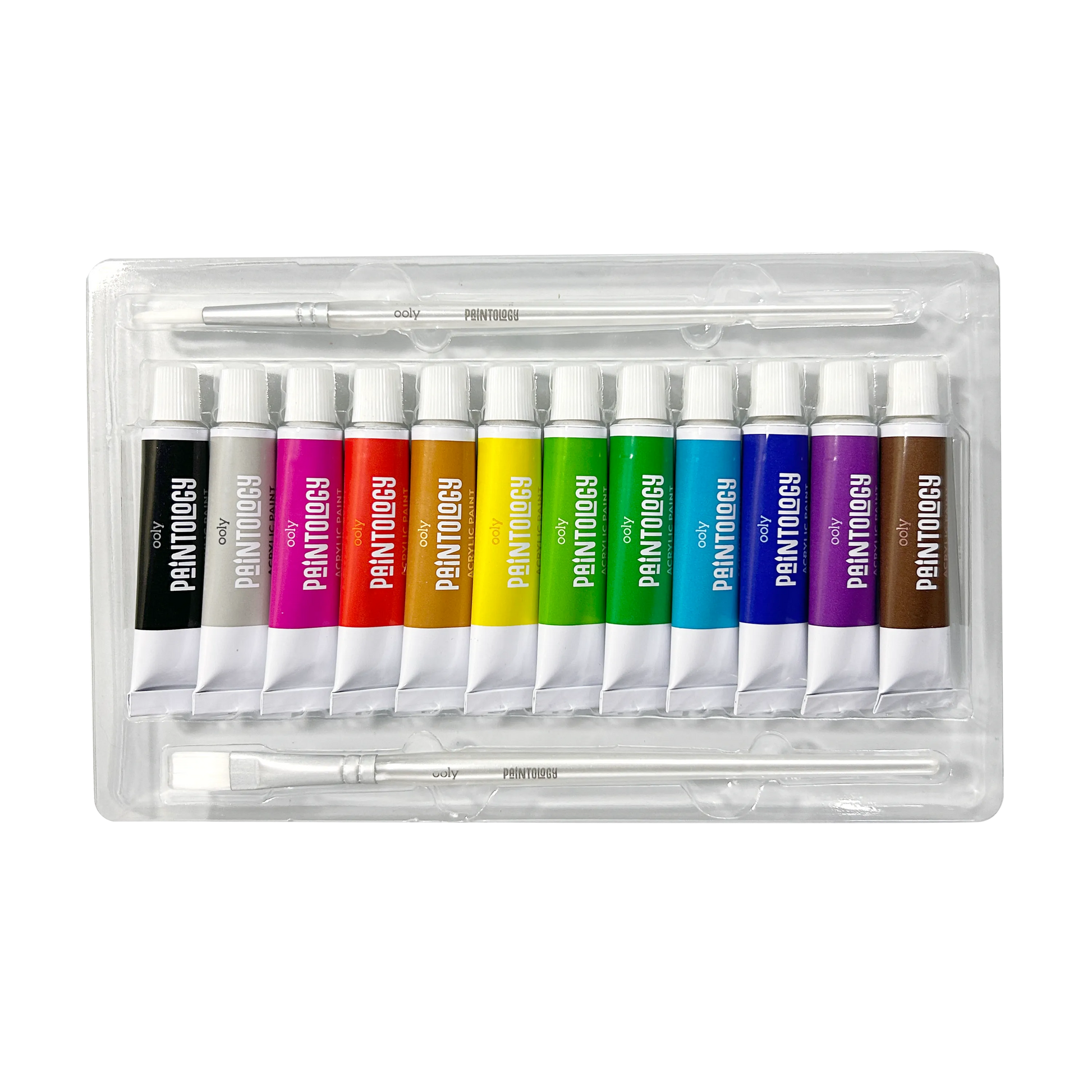 Acrylic paint tubes and paintbrushes in tray of OOLY Paintology Acrylic Paint Set - Classic Colors
