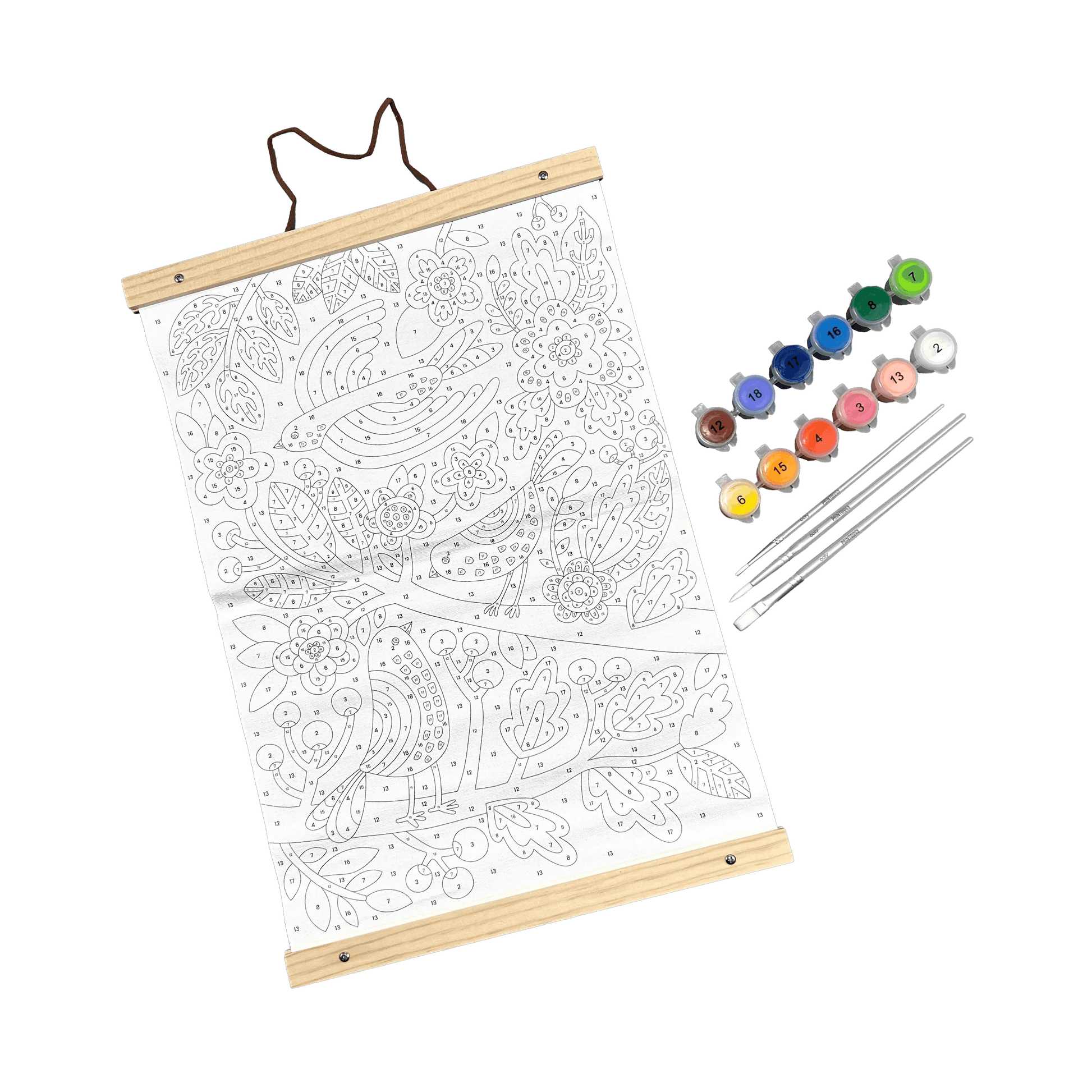Blank canvas, paint tubs and paint brushes from OOLY Paintology Paint-By-Number Canvas Kit - Blue Birds