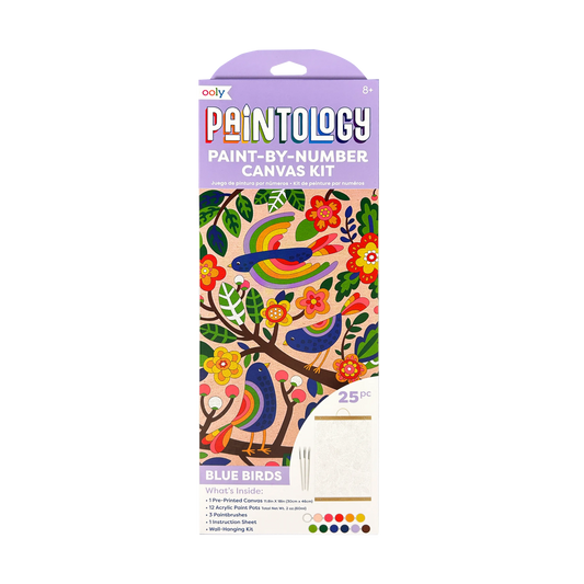 Front of package of OOLY Paintology Paint-By-Number Canvas Kit - Blue Birds